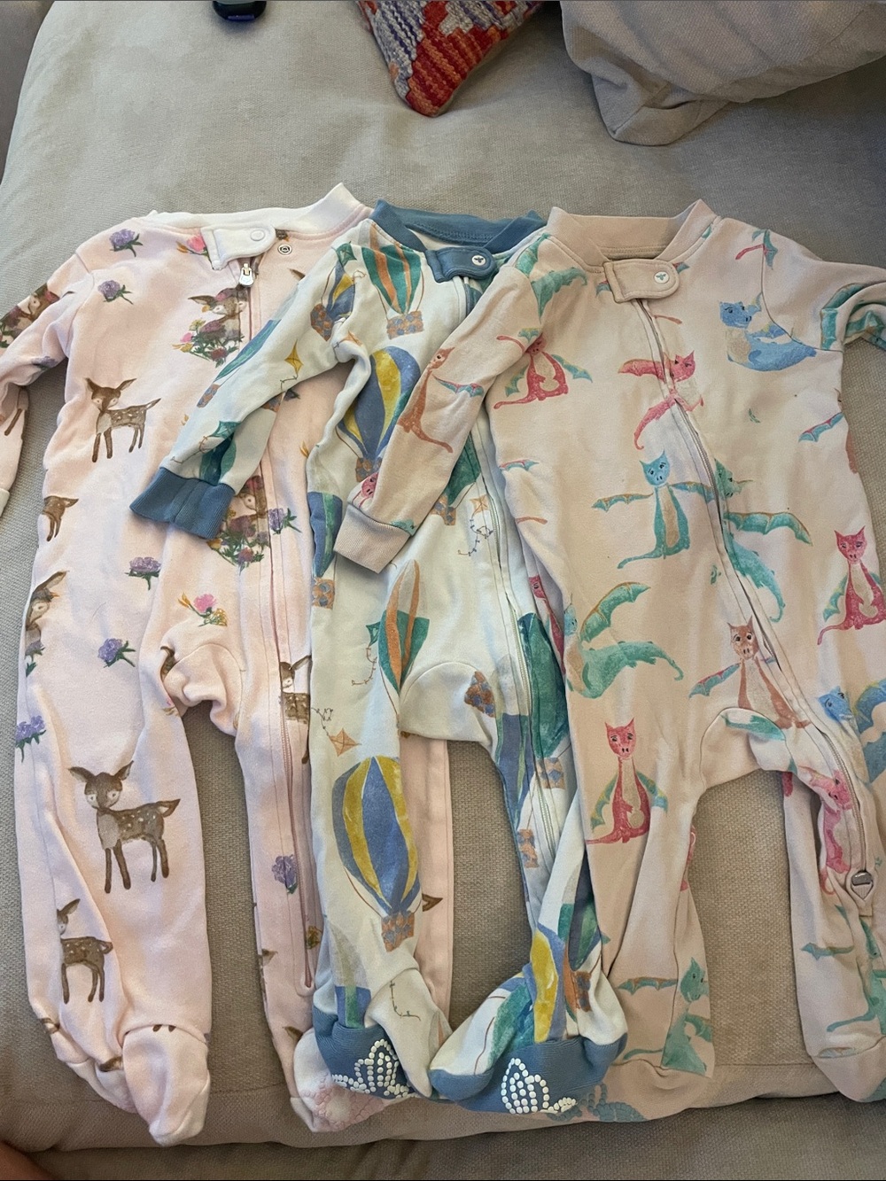 Set of 3 Burt's Bees Pastel Animal & Hot Air Balloon Footed One-Pieces
